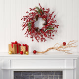 24” Frosted Cypress Artificial Wreath with
Berries and Pine Cones