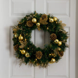 24" Pre-Lit Artificial Golden Frosted Christmas Wreath with 50 Warm White LED Lights Pinecones, Berries and Ornaments