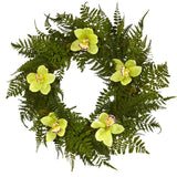 24” Cymbidium Orchid and Mixed Fern Artificial Wreath