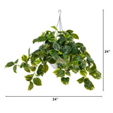 24”UV Resistant Artificial Pothos with 50 Warm White LED Lights in White Hanging Basket
