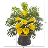 25” Calla Lilly and Areca Palm Arrangement in Stoneware Vase