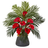 25” Calla Lilly and Areca Palm Arrangement in Stoneware Vase
