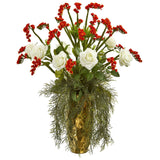 25” Silk Rose Artificial Arrangement in Designer Gold Vase