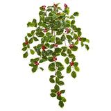 27” Variegated Holly Leaf w/Berries Hanging Bush Artificial Plant (Set of 3) (Real Touch)