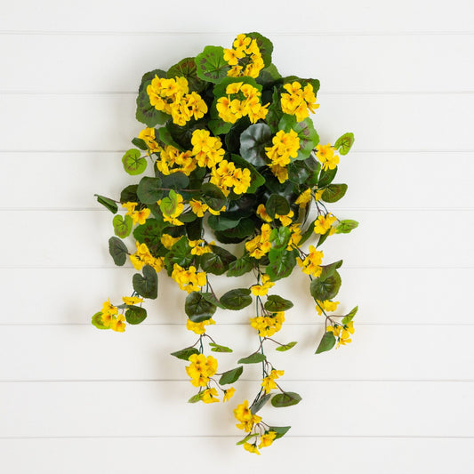 29" UV Resistant Artificial Geranium Hanging Plant - Yellow (Indoor/Outdoor) - Set of 2