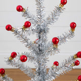 3' Artificial Retro Silver Tinsel Christmas Tree with 45 Red Mini Ornament Balls and Wooden Base