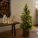 3' Pre-Lit Artificial Lightly Snowed Cypress Christmas Tree with 38 Warm White LED Lights in Decorative Weaved Basket
