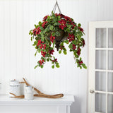 3’ Poinsettia and Variegated Holly Artificial Plant in Metal Hanging Bowl (Real Touch)