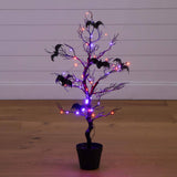 3' Pre-Lit Artificial Halloween Black Spooky Twig Tree with Bats and 100 Orange & Purple LED Lights