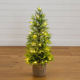 3' Pre-Lit Artificial Lightly Snowed Cypress Christmas Tree with 38 Warm White LED Lights in Decorative Weaved Basket