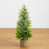 3' Pre-Lit Artificial Lightly Snowed Cypress Christmas Tree with 38 Warm White LED Lights in Decorative Weaved Basket