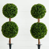 3’ UV Resistant Artificial Double Ball Boxwood Topiary with Integrated Ground Stake (Indoor/Outdoor) - Set of 2