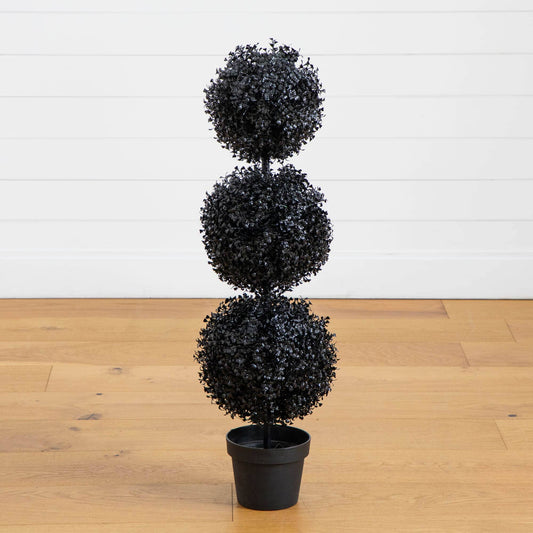 3' UV Resistant Halloween Black Artificial Triple Ball Boxwood Topiary (Indoor/Outdoor)