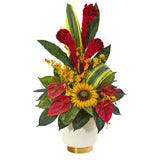 30” Mixed Tropical Floral Artificial Arrangement in Cream Vase with Gold Base
