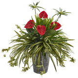 32” Mixed Anthurium and Spider Artificial Plant in Decorative Tin Planter