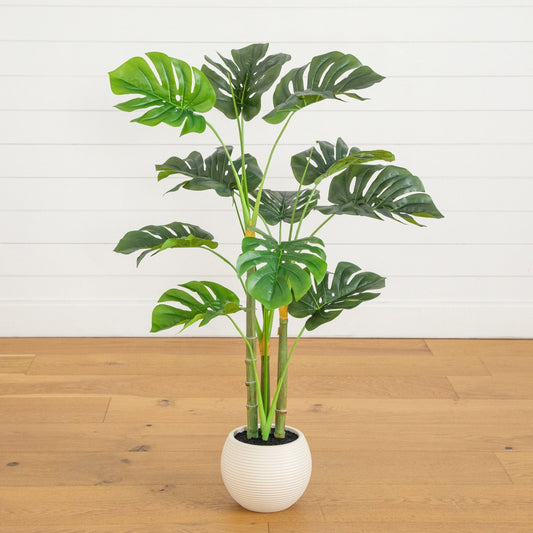 3.5' Artificial Monstera Tree in White Round Planter