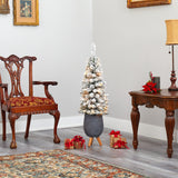 3.5’ Flocked Pencil Artificial Christmas Tree with 50 Clear Lights and 132 Bendable Branches in Gray Planter with Stand