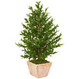 35” Olive Cone Topiary Artificial Tree in Terra Cotta Planter (Indoor/Outdoor)