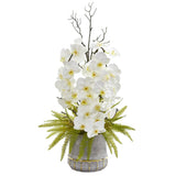 35” Phalaenopsis Orchid and Fern Artificial Arrangement in Stoneware Vase with Gold Trimming