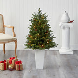 3.5’ Yukon Mountain Fir Artificial Christmas Tree with 50 Clear Lights and Pine Cones in White Planter