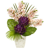 39” Cymbidium Orchid, Musella, Fan Palm and Pothos Leaf Artificial Plant