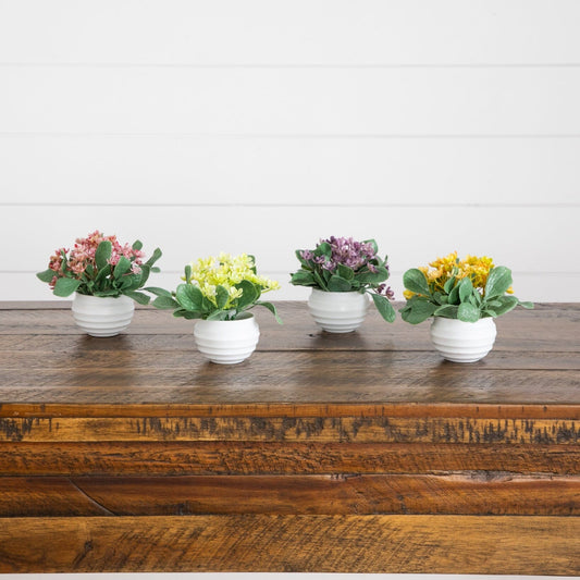 4” Artificial Mini Hydrangea Plant in White Decorative Oval Planter - Set of 4