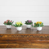 4” Artificial Mini Hydrangea Plant in White Decorative Oval Planter - Set of 4