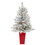 4’ Flocked Fraser Fir Artificial Christmas Tree with 200 Warm White Lights and 481 Bendable Branches in Red Planter