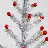 4' Artificial Retro Silver Tinsel Christmas Tree with 50 Red Mini Ornament Balls and Wooden Base