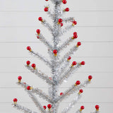 4' Artificial Retro Silver Tinsel Christmas Tree with 50 Red Mini Ornament Balls and Wooden Base