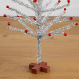 4' Artificial Retro Silver Tinsel Christmas Tree with 50 Red Mini Ornament Balls and Wooden Base
