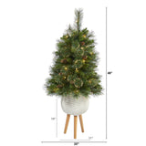 4’ Golden Tip Washington Pine Artificial Christmas Tree with 50 Clear Lights, Pine Cones and 148 Bendable Branches in White Planter with Stand