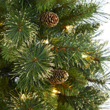 4’ Golden Tip Washington Pine Artificial Christmas Tree with 50 Clear Lights, Pine Cones and 148 Bendable Branches in White Planter with Stand