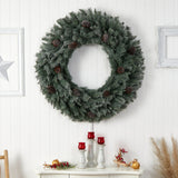 4’ Large Flocked Christmas Wreath with Pinecones, 150 Clear LED Lights and 360 Bendable Branches