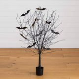 4' Pre-Lit Artificial Halloween Black Twig Tree with Bats and 50 Orange LED Lights