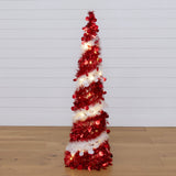 4' Pre-Lit Pop up Red & White Tinsel Christmas Tree with 50 LED Lights