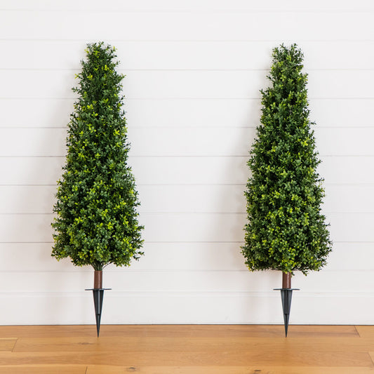 4' UV Resistant Artificial Boxwood Plant with Integrated Ground Stake (Indoor/Outdoor) - Set of 2