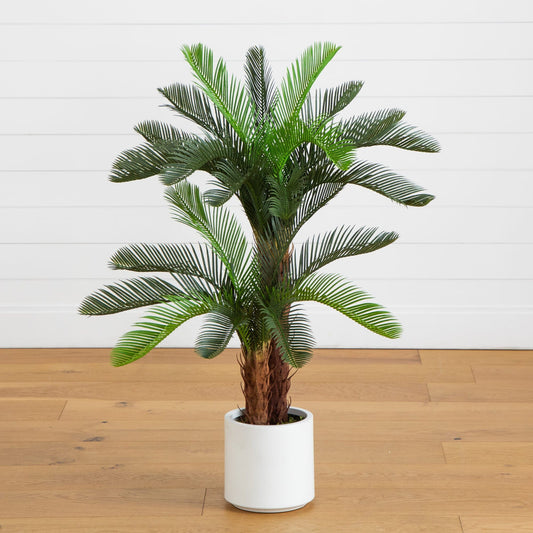 40" UV Resistant Artificial Double Cycas Palm Tree in White Decorative Planter (Indoor/Outdoor)