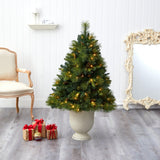 4.5’ North Carolina Mixed Pine Artificial Christmas Tree with 130 Warm White LED Lights, 459 Bendable Branches and Pinecones in Decorative Urn
