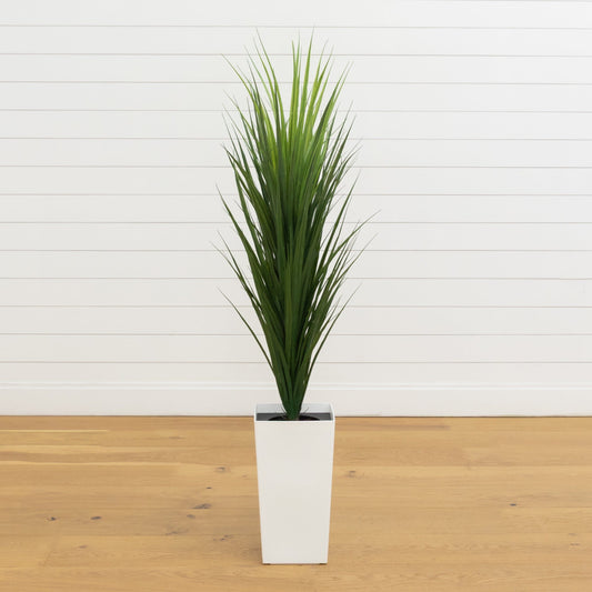 4.5’ UV Resistant Artificial Grass Plant in White Tower Planter (Indoor/Outdoor)