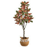 5’ Artificial Fall Magnolia Tree with Handmade Jute & Cotton Basket with Tassels