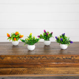 5” Artificial Mini Flowering Plant in White Decorative Oval Planter - Set of 4