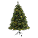 5’ North Carolina Mixed Pine Artificial Christmas Tree with 200 Warm White LED Lights, 711 Bendable Branches and Pinecones