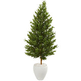 5’ Olive Cone Topiary Artificial Tree in White Planter (Indoor/Outdoor)