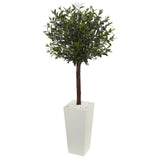 5’ Olive Topiary Artificial Tree in White Tower Planter