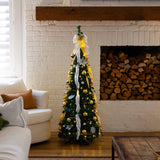 5' Pre-Lit Artificial Pop up Christmas Tree with Gold & Silver Ornaments, Ribbons and 100 Warm White LED Lights