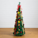 5' Pre-Lit Artificial Pop up Christmas Tree with Red & Gold Ornaments, Ribbons and 100 Warm White LED Lights