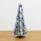 5' Pre-Lit Artificial Pop Up Flocked Christmas Tree with Silver & Blue Ornaments, Ribbons and 100 Warm White LED Lights