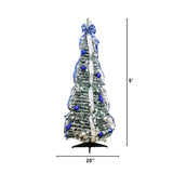 5' Pre-Lit Artificial Pop Up Flocked Christmas Tree with Silver & Blue Ornaments, Ribbons and 100 Warm White LED Lights
