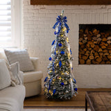5' Pre-Lit Artificial Pop Up Flocked Christmas Tree with Silver & Blue Ornaments, Ribbons and 100 Warm White LED Lights